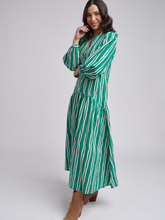 Load image into Gallery viewer, Cloth, Paper, Scissors - Frill Print Stripe Dress - Green/Beige Stripe
