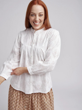 Load image into Gallery viewer, Cloth, Paper, Scissors | Curved Yoke Embroidered Cotton Shirt | White