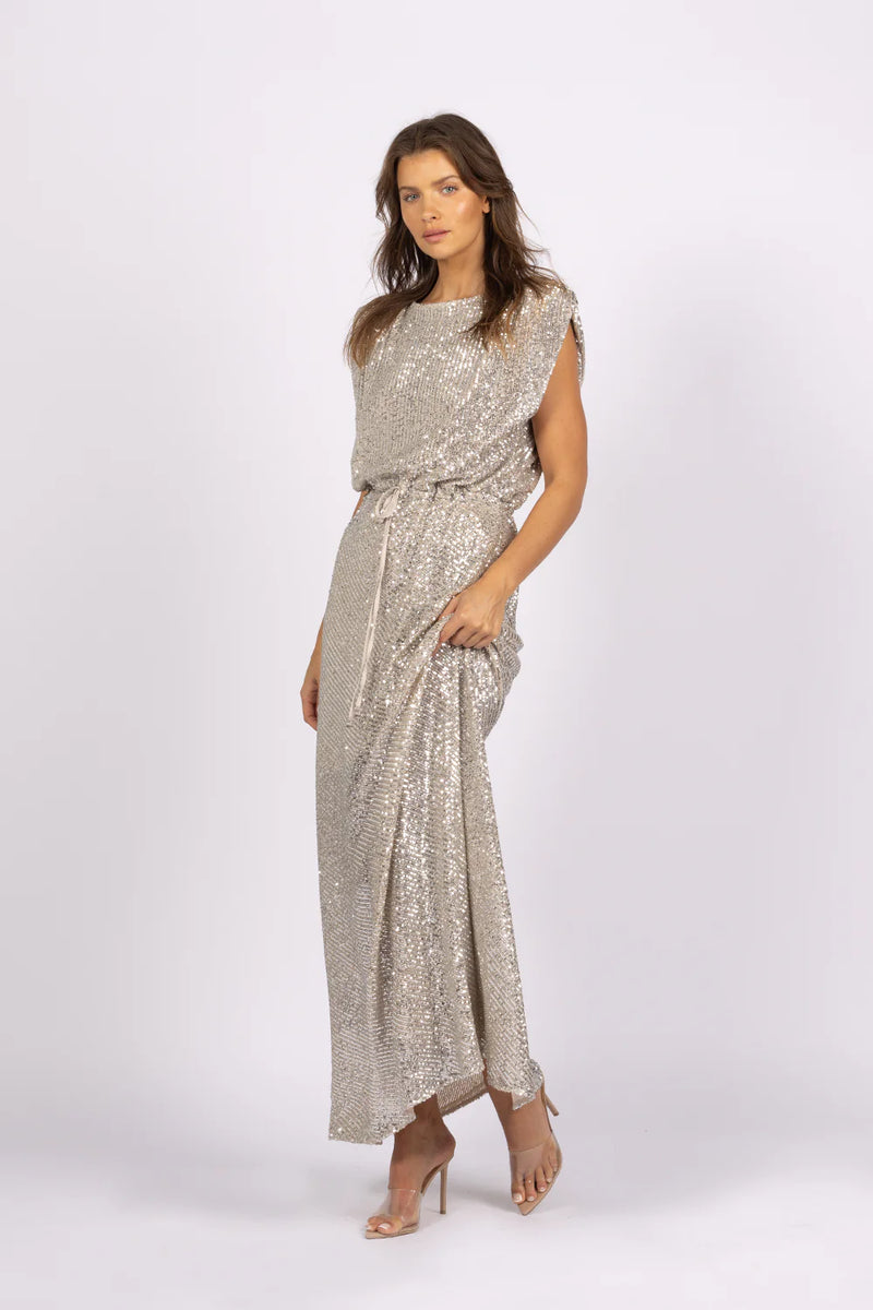 silver sequin dress with sleeves Ammika One Shoulder Long Sleeve Sequin Dress