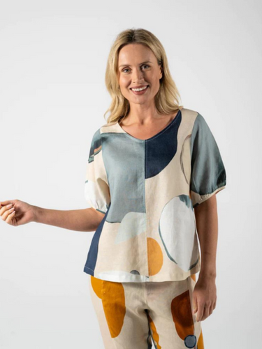 See Saw - Linen Gathered Top - Copper/ Navy Abstract
