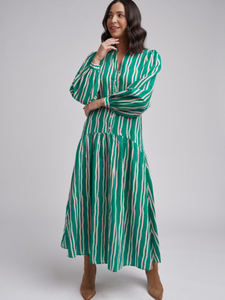 Cloth, Paper, Scissors - Frill Print Stripe Dress - Green/Beige Stripe