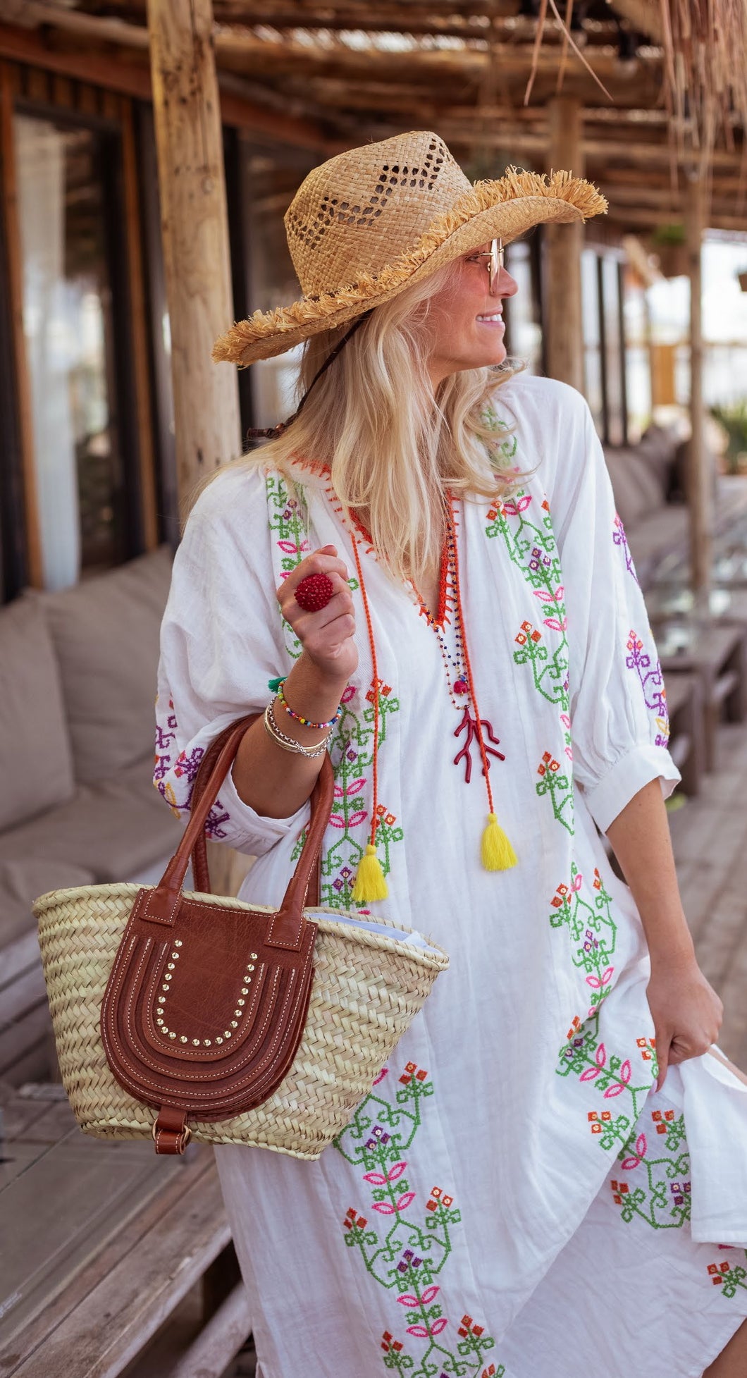 Place Du Soleil - White Green Cotton Embroidered Dress