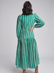 Cloth, Paper, Scissors - Frill Print Stripe Dress - Green/Beige Stripe