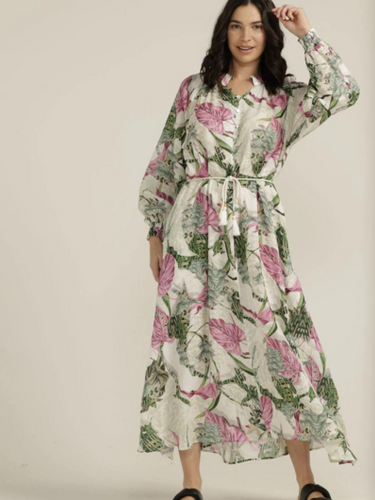 Goondiwindi - Rope Belted Linen Maxi Dress - Palms Print