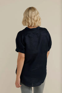 Goondiwindi - Cuffed Short Sleeve Linen Shirt - Navy