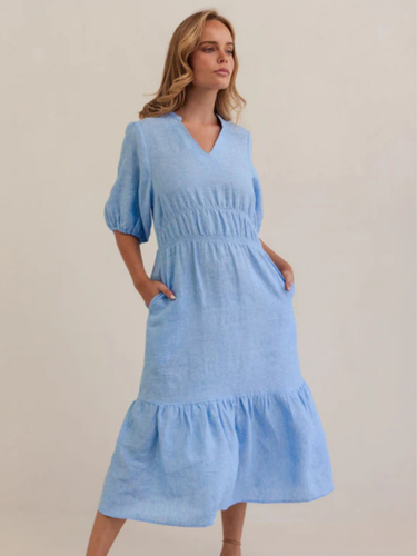 Kaleido - Linen Gather Detail Dress - Chambray