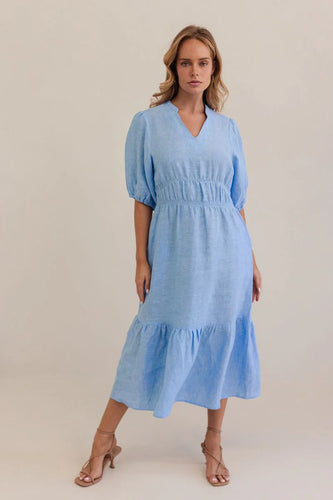 Kaleido - Linen Gather Detail Dress - Chambray