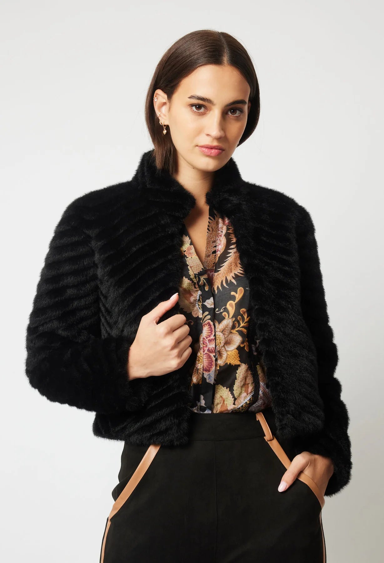 Once Was Altair Faux Fur Cropped Jacket Black