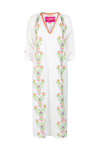 Place Du Soleil - White Green Cotton Embroidered Dress