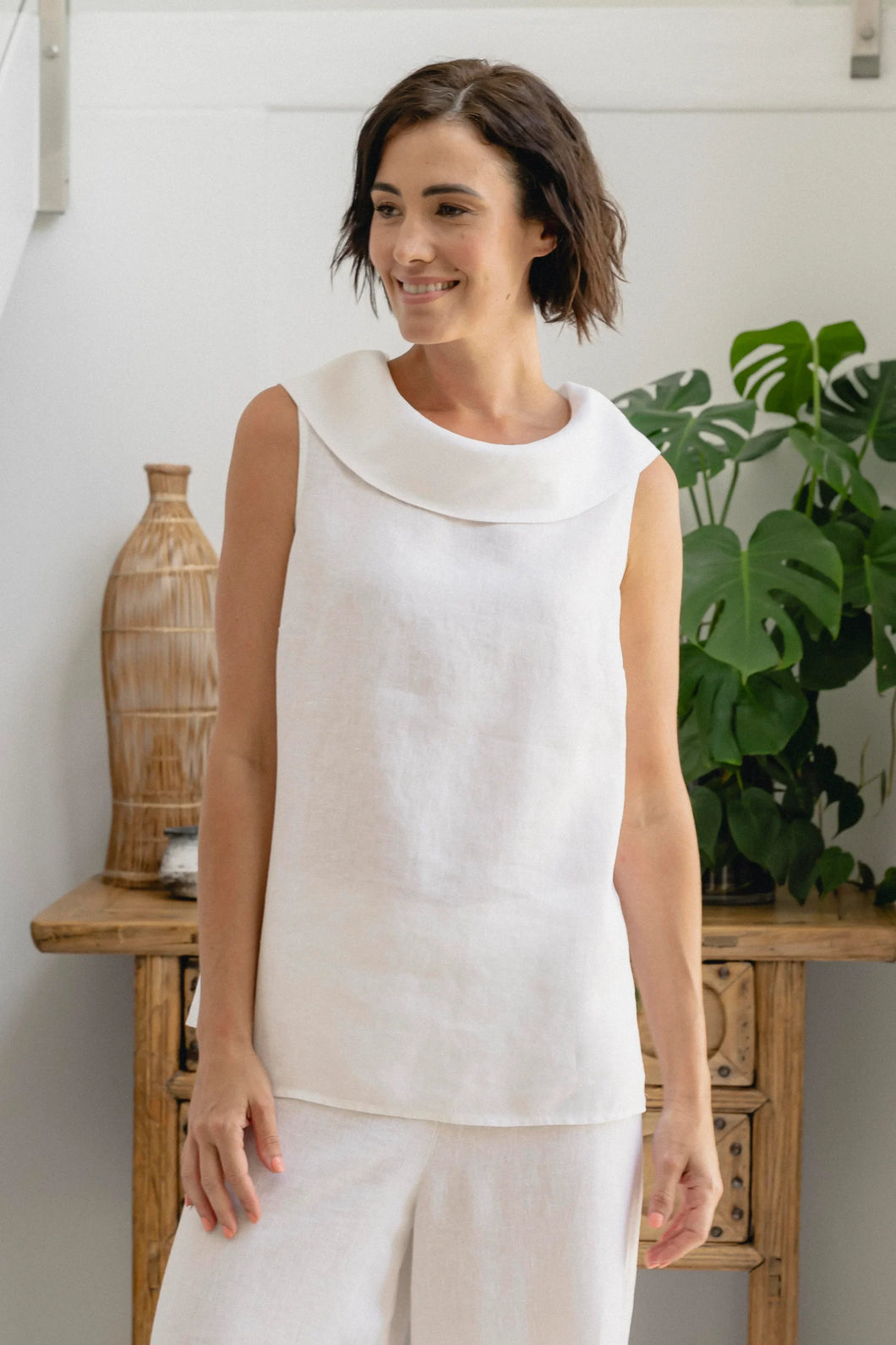 See Saw - Linen Button Back Cowl Neck Top