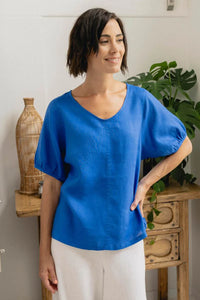 See Saw - Linen V Neck Swing Top - Santorini Blue
