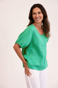 See Saw - Linen V Neck Swing Top - Emerald