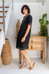 See Saw - Linen Embroidered Dress - Black/Natural