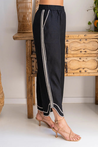 See Saw - Linen Embroidery Wide Leg Pant - Black/Natural