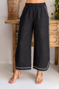 See Saw - Linen Embroidery Wide Leg Pant - Black/Natural