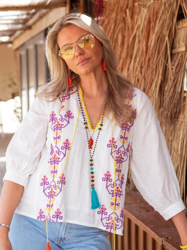 Place Du Soleil - White Purple Embroidered Blouse