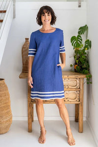 See Saw - Linen Spliced Dress - Denim/White