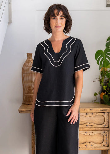 See Saw - Linen Embroidery Top - Black/Natural