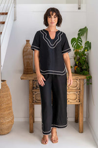 See Saw - Linen Embroidery Top - Black/Natural