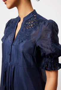 Once Was | Occitan Embroidered Silk/Cotton Dress | Navy