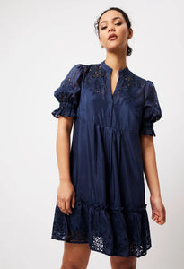 Once Was | Occitan Embroidered Silk/Cotton Dress | Navy