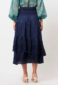 Once Was | Tropez Silk/Cotton Embroidered Skirt | Navy