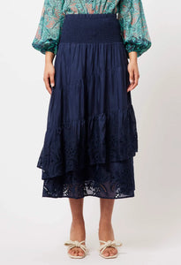 Once Was | Tropez Silk/Cotton Embroidered Skirt | Navy